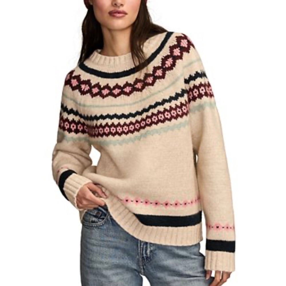 Lucky Brand Womens Fair Isle Knit Crewneck Sweater Cream Pink Burgundy Large
